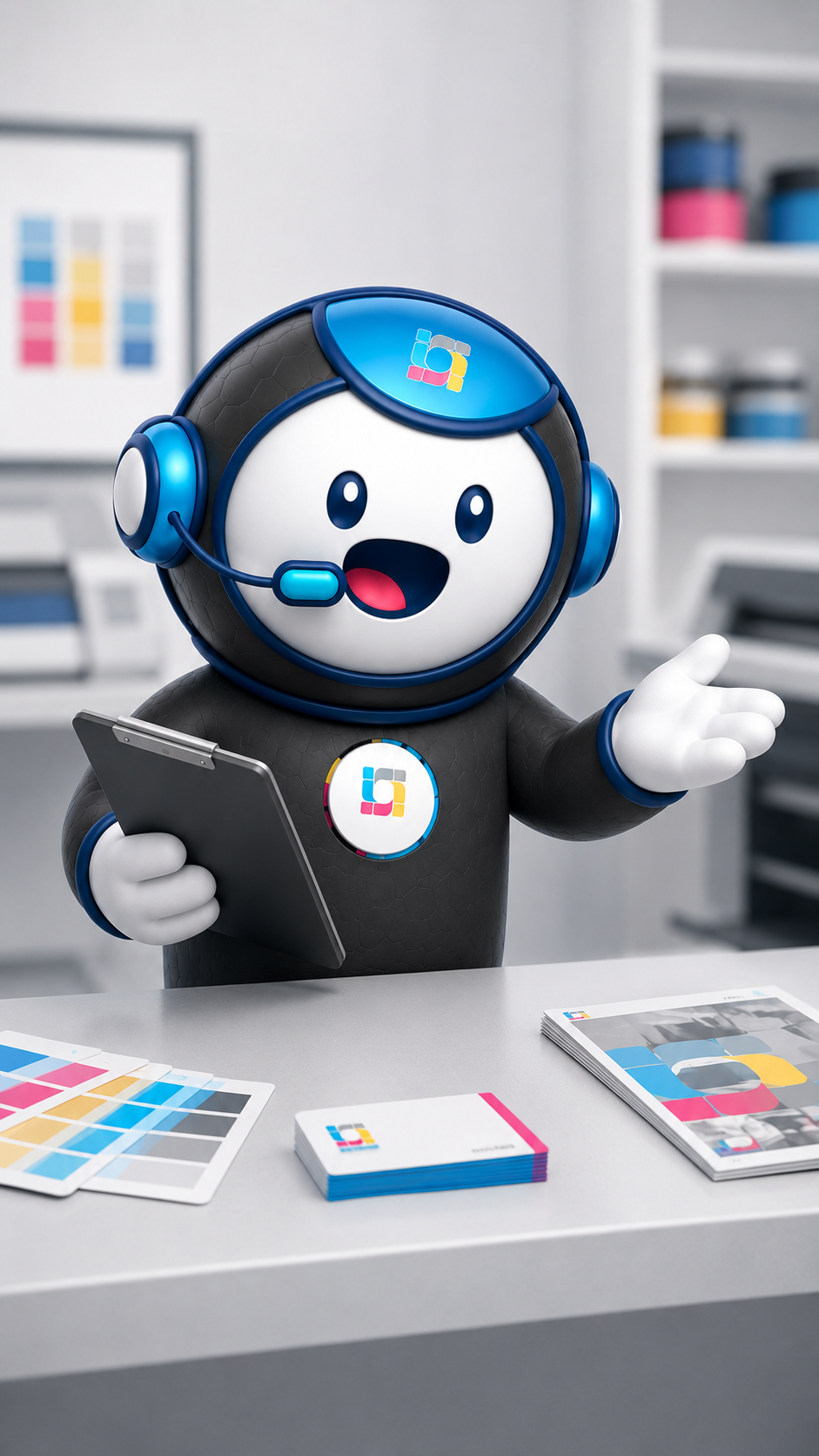 Mascote da InPrint realizando atendimento gráfico