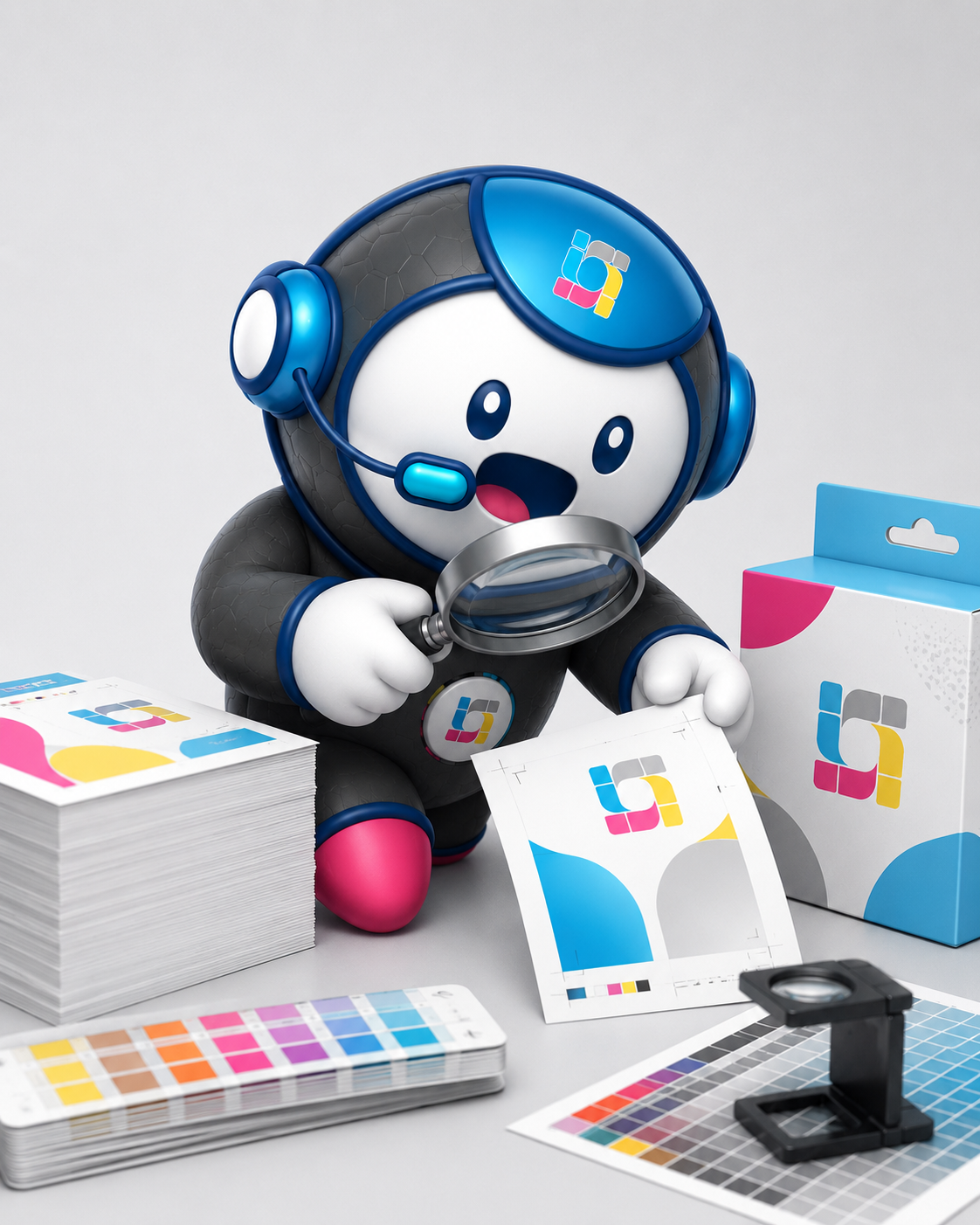 Mascote da InPrint conferindo materiais impressos com cuidado