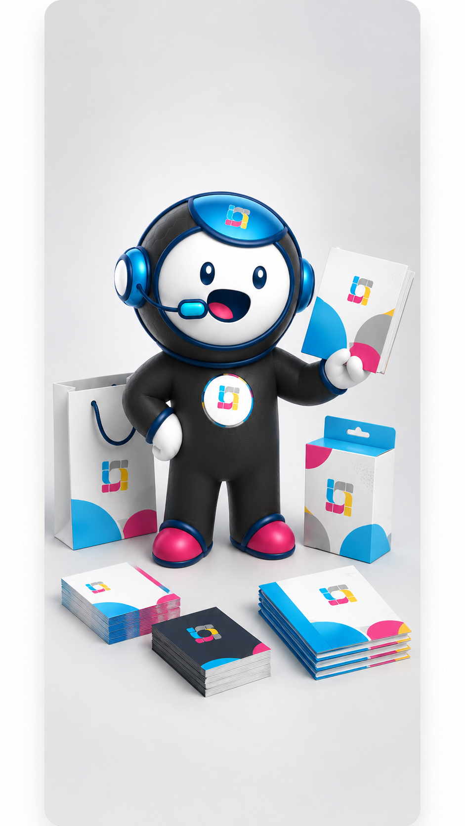 Mascote da InPrint apresentando materiais gráficos finalizados
